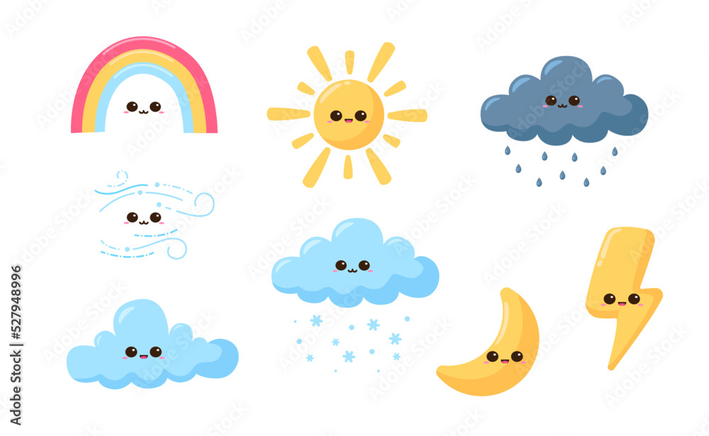 Cute kawaii weather forecast set icons illustration with cartoon smile face