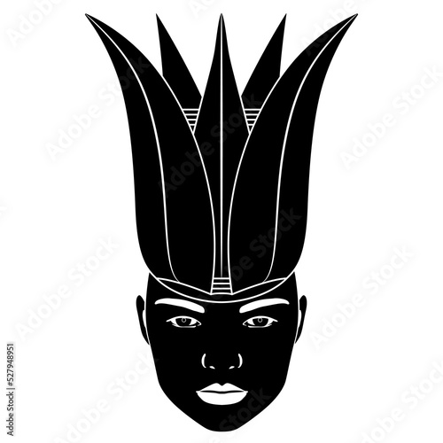 Female face wearing a lotus flower crown. Creative ancient Egyptian concept. Black and white negative silhouette.