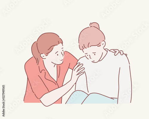 Girl trying to comfort and encourage to her sad best friend stressing. Hand drawn style vector design illustrations.