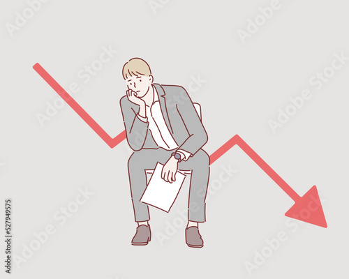 Business concept illustration. Sitting sad businessman. Graph down income arrow. Hand drawn style vector design illustrations.