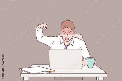 Image of man at the desk creaming and shouting at laptop. Hand drawn style vector design illustrations.