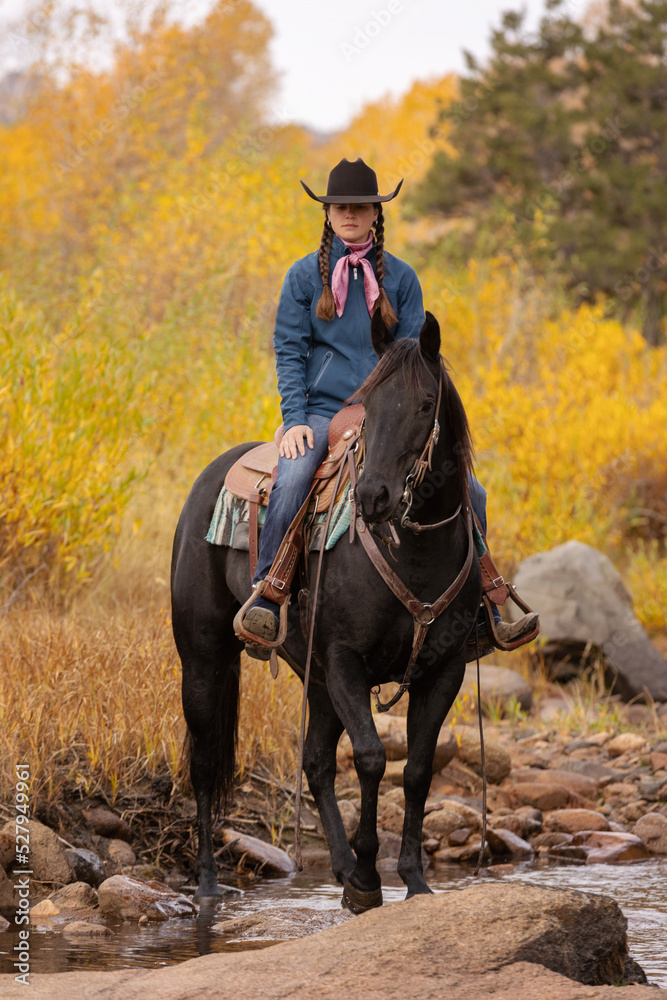 Wyoming Cowgirl on a black horse Wyoming Cowgirl on a black horse