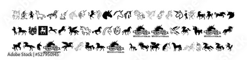 A collection of unicorn sketch art for tattoos or icons on a black and white background
