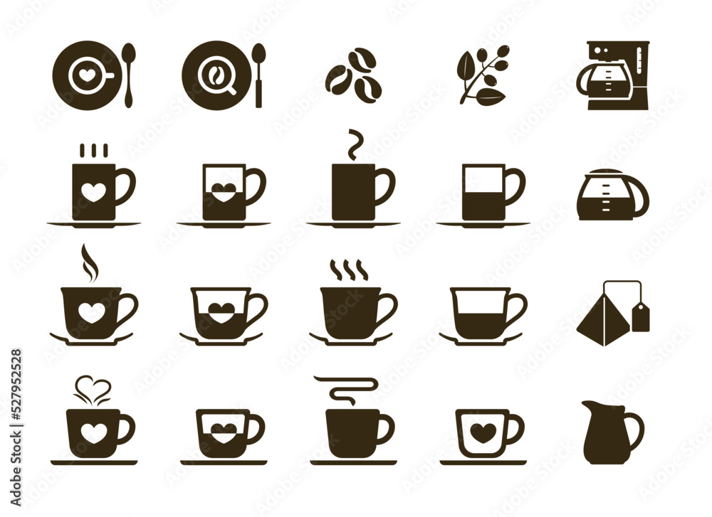 Set 20 solid icons of a coffee cup, bean, or jar on white background. Vector illustration. Set 20 solid icons of a coffee cup, bean, or jar on white background. Vector illustration.