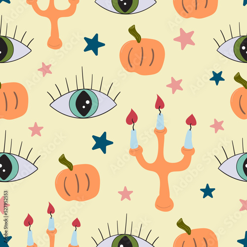 Eye mystical symbol, candlestick with three candles and a ripe pumpkin background pattern cartoon