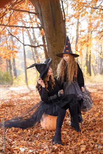 Portrait of mother and daughter in witch costumes in autumn forest © prostooleh