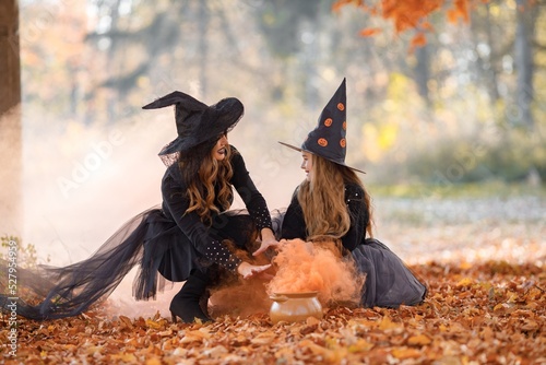 Fototapeta Portrait of mother and daughter in witch costumes in autumn forest