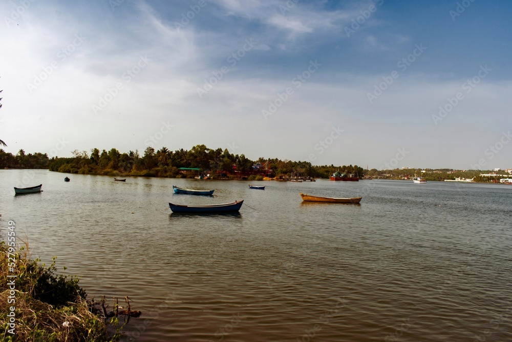 Wooden fishing boats floating in the river, Mangalore, India