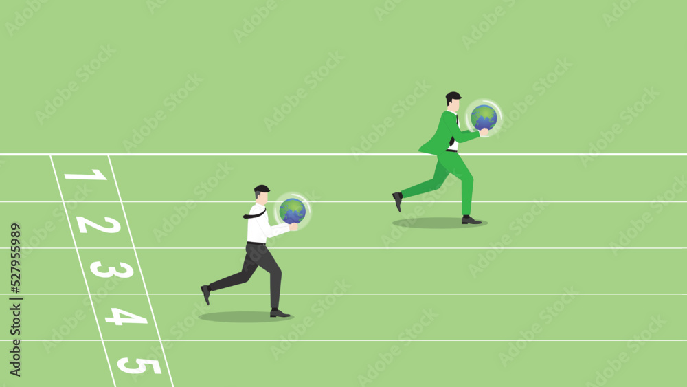 Fototapeta premium Advantages of ESG and green business policy of environmental concern, save a planet, eco friendly sustainability company. A leader businessman and follower employee hold earth, run on a race track.