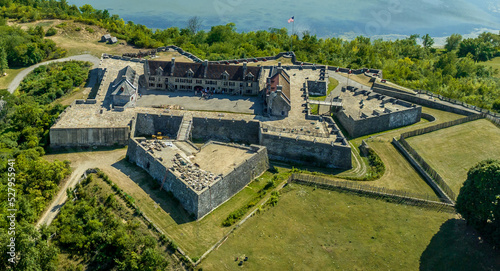 Close up aerial view of Fort Ticonderoga on Lake George in upstate New York from the revolutionary war era with four bastions, demi lune, ravelin, covered way and glacis photo