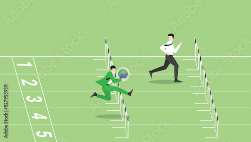 Concept of ESG and green business policy of environmental concern, save a planet, eco friendly, sustainability company. A businessman holds earth, runs on a race track, attention from leader rivalry.