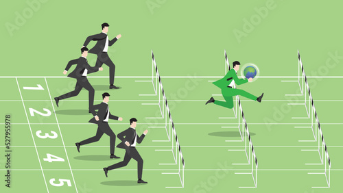 Advantages of ESG and green business policy of environmental concern, eco friendly, sustainability company. A leader businessman holds earth and competitors run and jump over obstacles on race track.