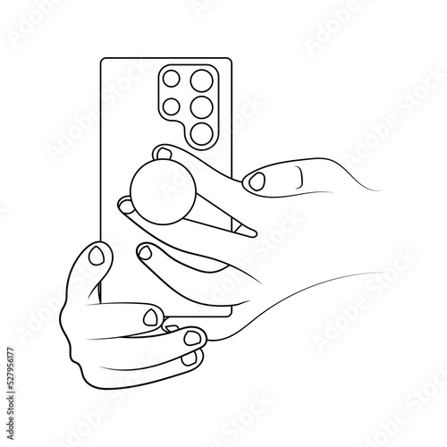 Smartphone with popsockets in hands vector illustration.