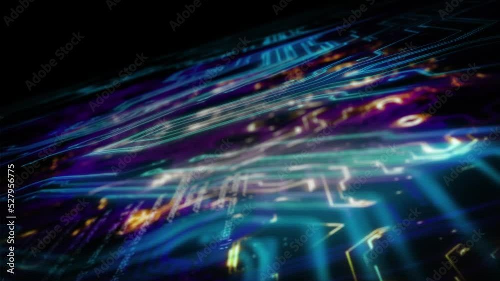 Cyber neon microchip hardware circuit board with a futuristic abstract security computer system. Animation, technology innovation and digital fintech programming with a virtual 3d illustration.