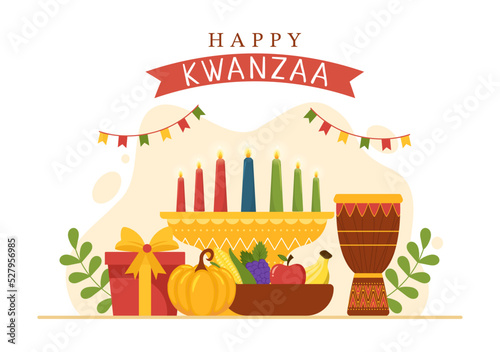 Happy Kwanzaa Holiday African Template Hand Drawn Cartoon Flat Illustration with Order of Name of 7 principles in Candles Symbols Design photo