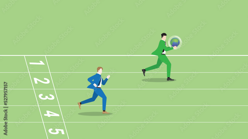 Fototapeta premium Advantages of ESG and green business policy of environmental concern, save a planet, eco friendly sustainability company. A leader businessman holds earth and rivalry are compete run on a race track.