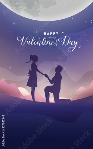 happy Valentine. vector illustration of a romantic couple expressing love for each other. in the background of a magnificent natural scenery illuminated by the moonlight