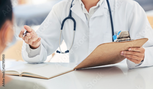 Obraz na plátně Doctor talking about health insurance at clinic, healthcare worker in meeting with sick patient and medical professional giving service