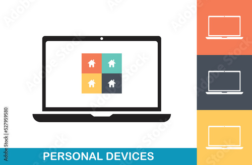 Laptop icons are designed in a simple, trendy flat style. Digital device icons in 4 styles in vector format on a white background