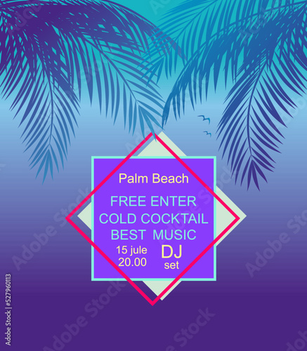Blue flyer for summer night beach party invitation with coconut palm branches
