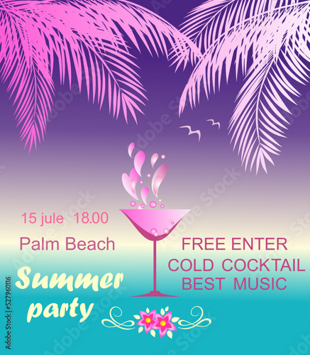 Neon poster for summer beach party invitation with coconut palm leaves, martini wineglass, frangipani flowers on sunset
