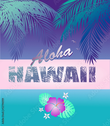Paradise print t shirt typography design with Aloha Hawaii lettering, coconut palm branches, tropical flowers on neon blue background