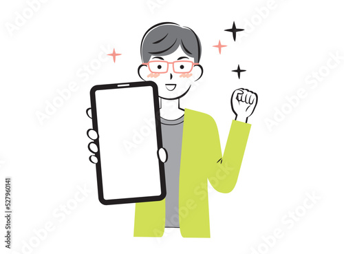 スマホの画面を見せる若い男性　3c