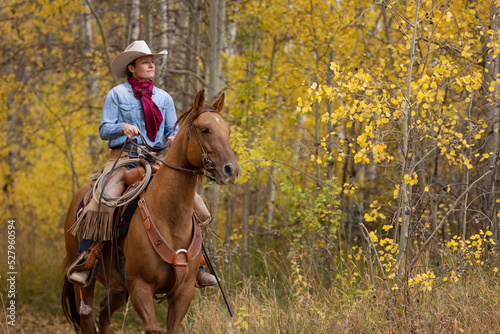 Cowgirl riding in Aspens and Cottonwoods © Terri Cage 