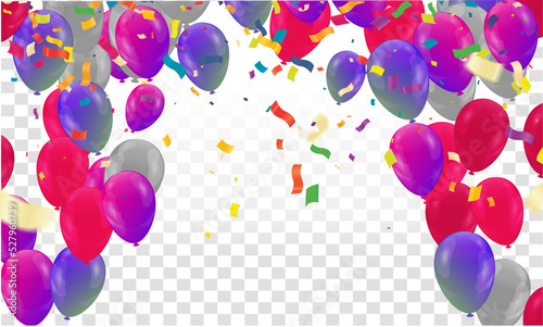 Grand opening card design with balloons  ..... and ..... ribbon with confetti,  Multicolored Anniversary Illustration