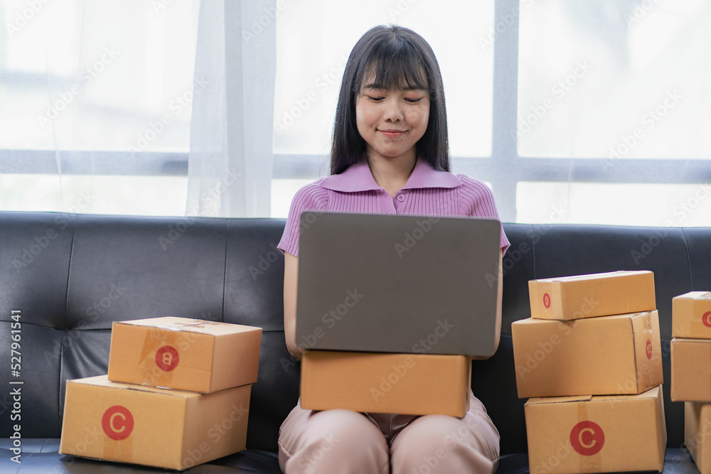 Starting a Small Business, SME Owners, Female Entrepreneurs Use your laptop or smartphone to accept and check online orders to prepare sales box packs for SME customers online business ideas. Starting a Small Business, SME Owners, Female Entrepreneurs Use your laptop or smartphone to accept and check online orders to prepare sales box packs for SME customers online business ideas.