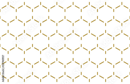 Hexagon honeycomb style repeat pattern in gold color dashes outline, geometric vector illustration