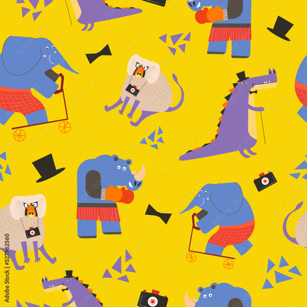 Fototapeta premium Animal seamless pattern, rhino and elephant vector
