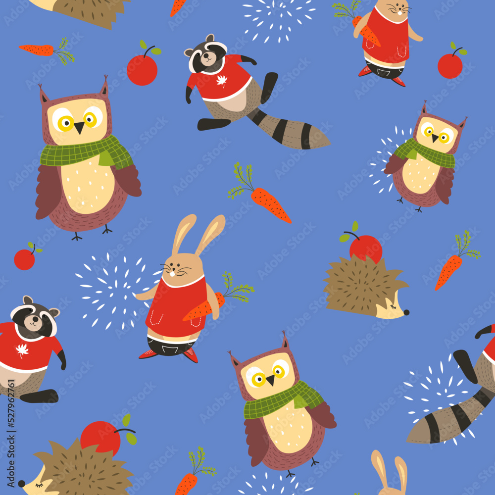 Naklejka premium Animals pattern, owl in scarf raccoon and hedgehog