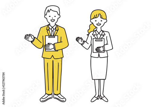 資料を手に持ち説明をしているスーツ姿のビジネスマンの男女のシンプルなイラストセット