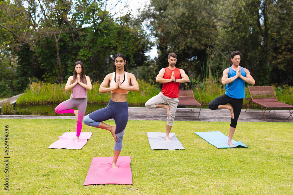 Female instructor teaching tree pose to men and woman on exercise mats during yoga session in park Female instructor teaching tree pose to men and woman on exercise mats during yoga session in park