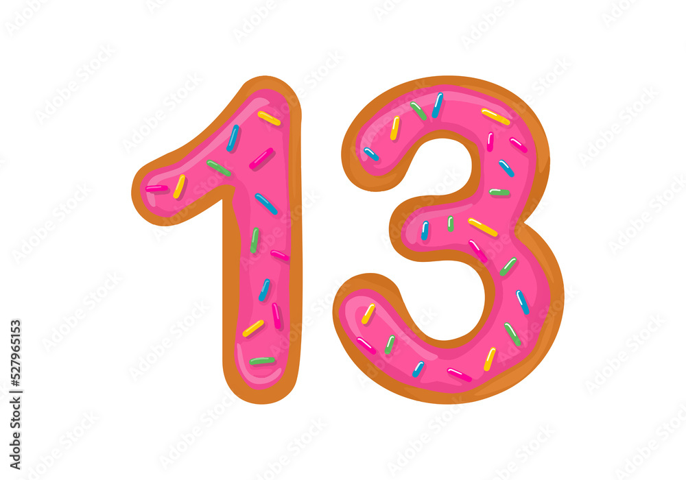 Number 13, Sweet Donut With Number thirteen Shape. Number 13, Sweet Donut With Number thirteen Shape.