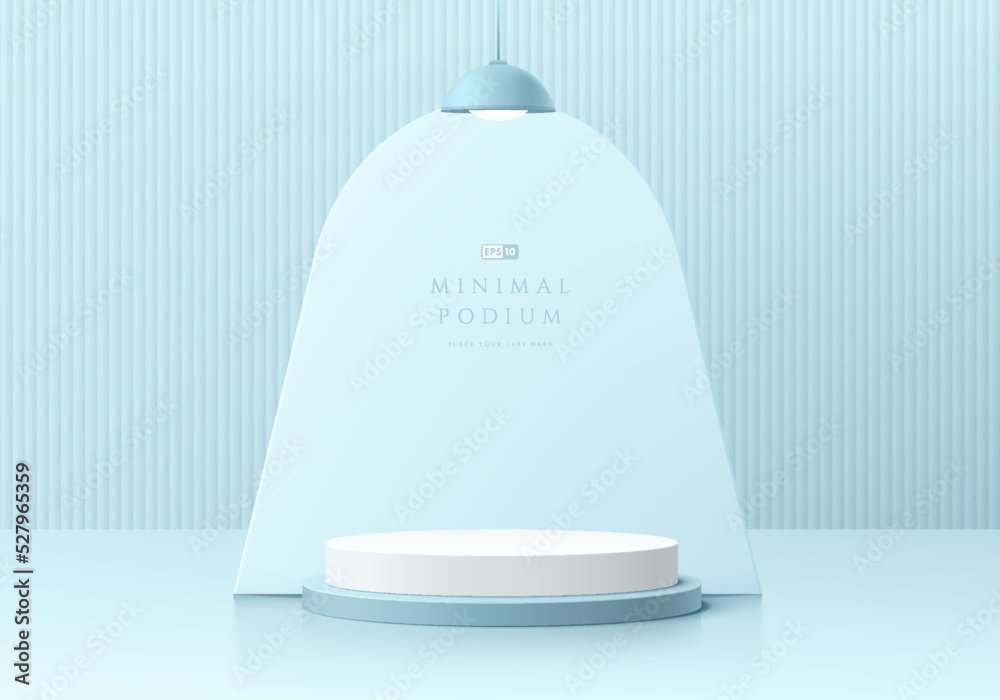 Abstract blue 3D background with realistic whit cylinder pedestal podium, Arch shape and Hanging Lamp. Pastel minimal wall scene for mockup product display. Geometric forms design. Stage for showcase. Abstract blue 3D background with realistic whit cylinder pedestal podium, Arch shape and Hanging Lamp. Pastel minimal wall scene for mockup product display. Geometric forms design. Stage for showcase.