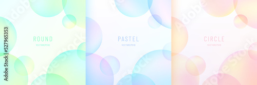 Set of round circle overlap layers pattern bubble design in blue hologram, yellow pink, soft green color. Polka dots pastel color pattern on white background with copy space.  Vector illustration.