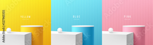 Set of yellow, blue, pink, white realistic 3d steps cylinder and cube stand podium with clean background. Abstract vector render geometric forms. Minimal scene. Stage showcase, Mockup product display.