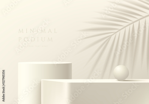 Abstract 3D beige background, Realistic steps cream cube and cylinder stand podium with palm leaf shadow overlay. Minimal scene for mockup product display. Vector geometric forms. Round stage showcase