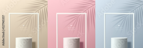 Set of realistic abstract 3d background with cylinder stand podium in beige, blue, pink. Square frames, Palm leaf shadow. Vector geometric forms. Minimal scene. Stage showcase, Mockup product display