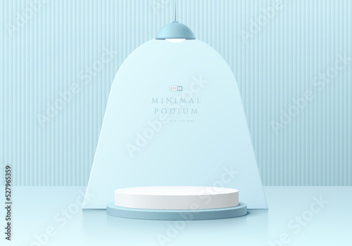Abstract blue 3D background with realistic whit cylinder pedestal podium, Arch shape and Hanging Lamp. Pastel minimal wall scene for mockup product display. Geometric forms design. Stage for showcase.
