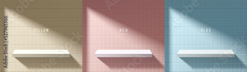Set of abstract 3D room with beige, blue, pink realistic white podium or product shelf. Square tile wall background. Vector rendering geometric forms. Mockup display. Minimal scene. Stage showcase.