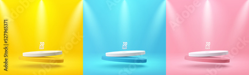 Set of yellow, blue, pink, white realistic 3d cylinder pedestal podium floating on air with spot lights. Abstract vector rendering geometric form. Minimal scene. Stage showcase, Mockup product display