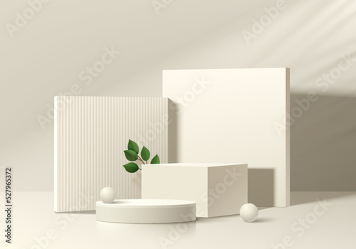 Abstract 3D background, Realistic steps beige round, cube pedestal podium with palm leaf shadow overlay. Minimal scene for mockup product display. Vector geometric form design. Stage to showcase.