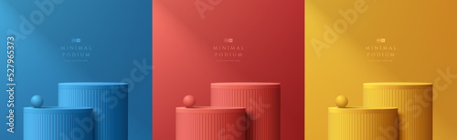 Set of abstract 3D background, Realistic blue, red and yellow steps cylinder stand podium. Vector rendering geometric form. Mockup product display presentation. Minimal wall scene. Stage for showcase.