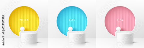 Set of realistic 3d white cylinder pedestal podium with pastel yellow, blue, pink in round circles window background. Abstract vector rendering geometric form. Mockup product display. Minimal scene.