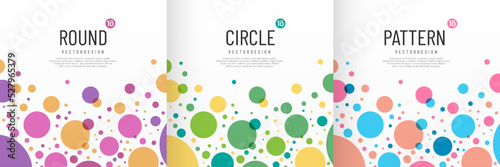 Set of polka dots colorful confetti pattern on a white background with copy space. Round circle overlap layers pattern bubble design. Random dots texture in trendy color scene. Vector illustration.