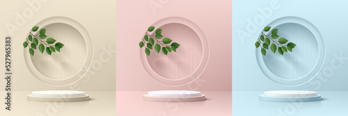 Set of abstract 3D background with beige, blue, pink realistic cylinder podium. Green leaf in circle window scene. Vector render geometric form. Mockup product display. Minimal scene. Stage showcase.