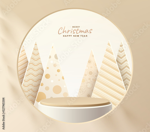 Abstract 3D background, Realistic golden cylinder stand podium in round window and modern luxury christmas tree scene. Merry christmas and happy new year scene for product display. Vector render form.